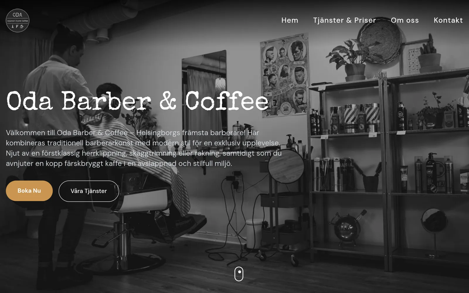 Skärmdump av Oda Barber & Coffees webbplats